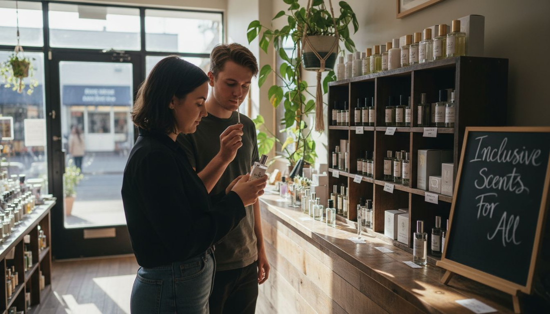 Two people choosing unisex fragrances in shop