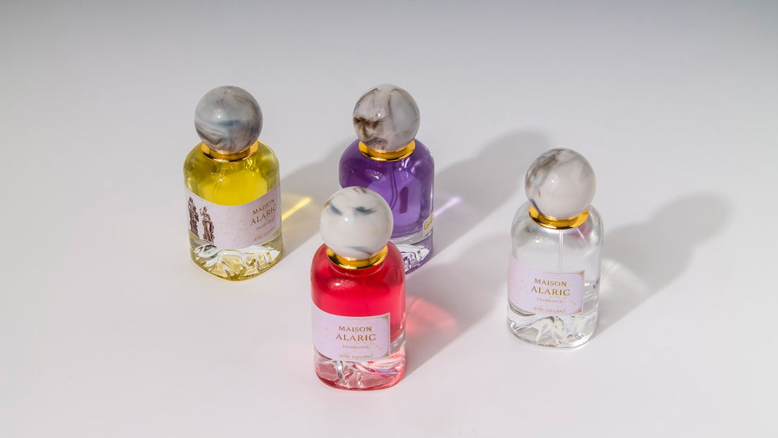 Four colourful perfume bottles displayed together, representing Scentilly's bestselling Chogan fragrances