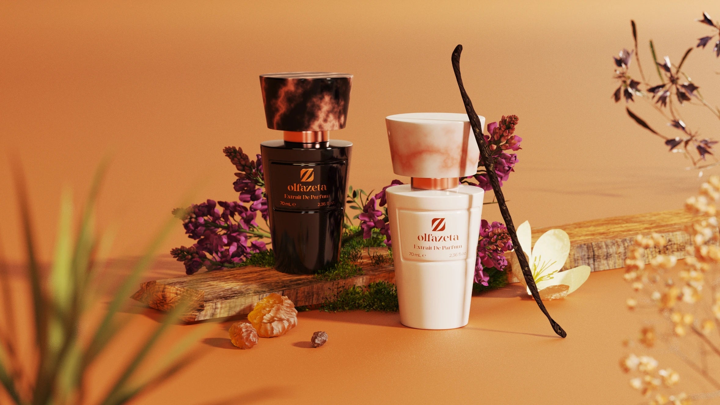 Chogan perfume bottles on a wooden surface with flowers and a vanilla bean.
