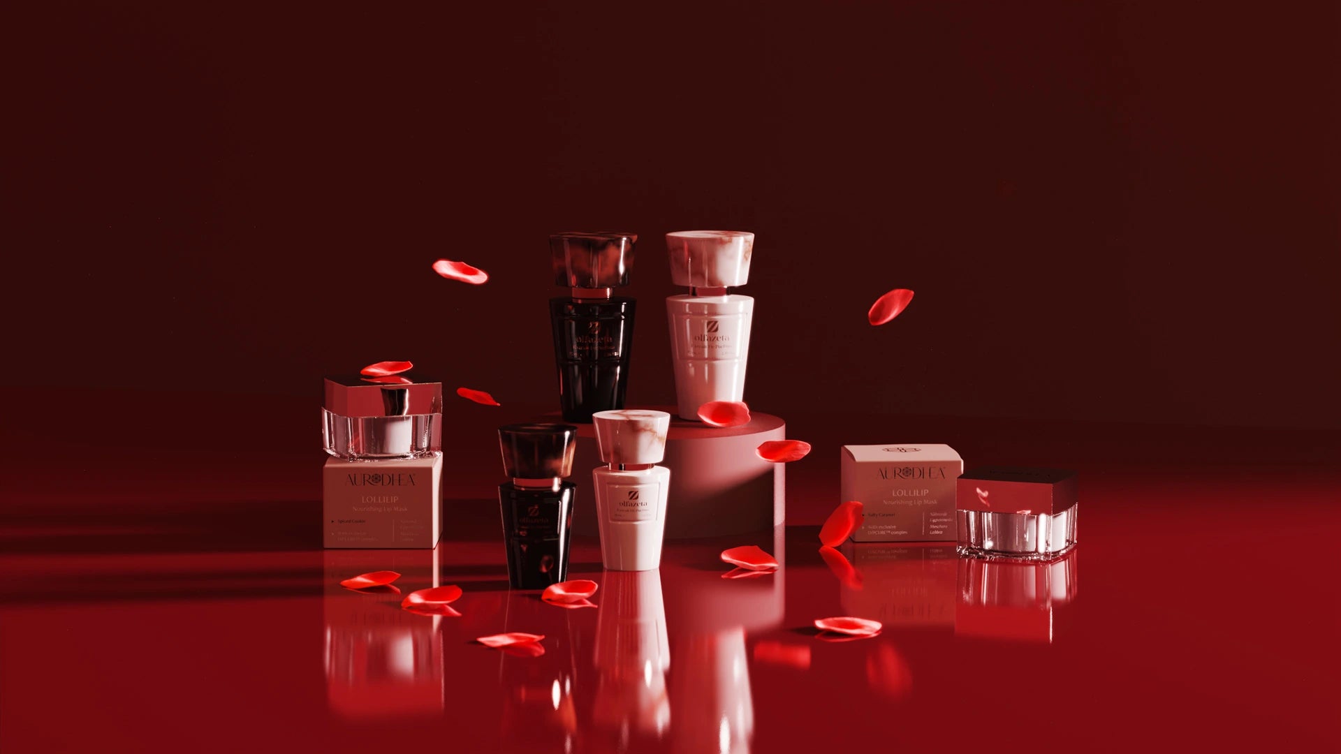 Chogan products on a reflective surface with red lighting